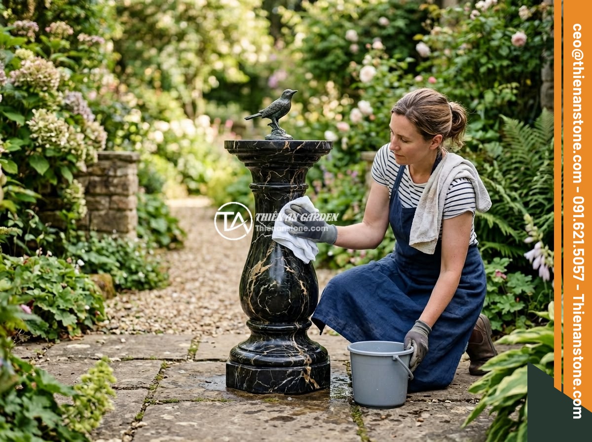 Nên chọn đôn đá tự nhiên hay đôn đá nhân tạo? So sánh chi tiết để quyết định - A person carefully cleaning and maintaining a natural stone pedestal in a garden