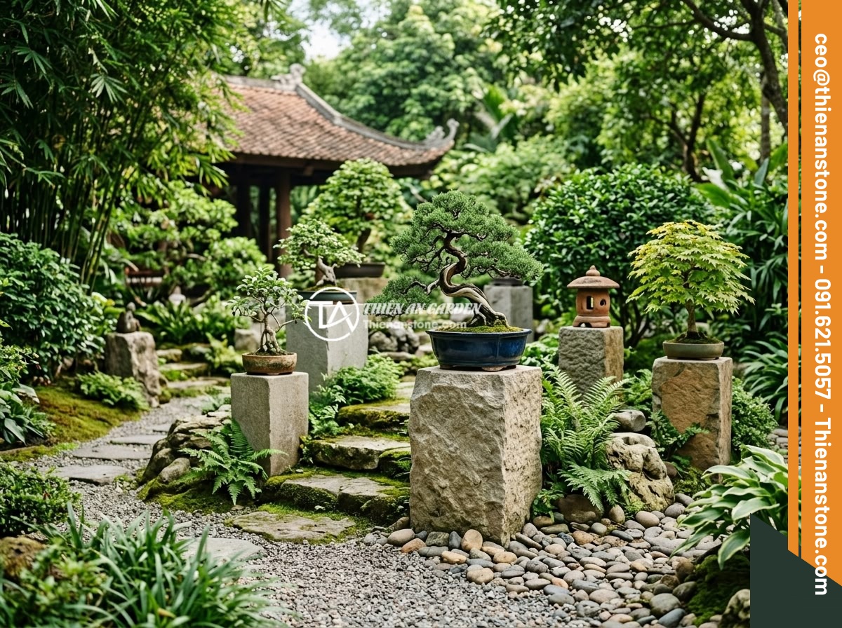 Nên chọn đôn đá tự nhiên hay đôn đá nhân tạo? So sánh chi tiết để quyết định - A beautiful Vietnamese garden with natural stone pedestals of various sizes arra