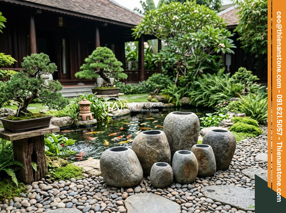 Nguyên nhân chum đá phong thủy bị nứt rạn và cách xử lý chuyên nghiệp - A beautifully maintained collection of natural stone feng shui jars of various s
