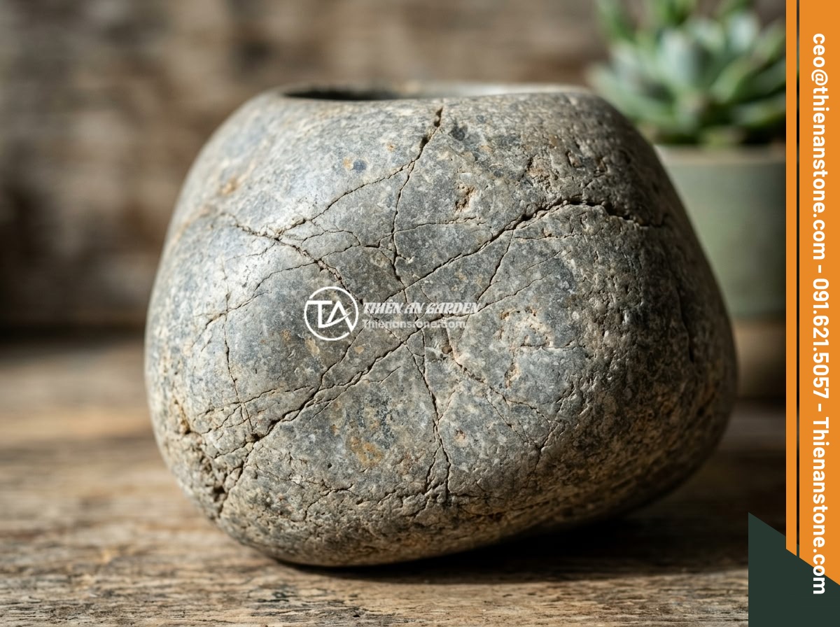 Nguyên nhân chum đá phong thủy bị nứt rạn và cách xử lý chuyên nghiệp - Close-up inspection of a cracked natural stone feng shui jar showing visible hai