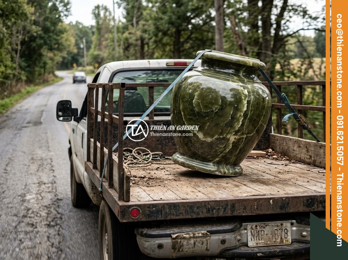 Nguyên nhân chum đá phong thủy bị nứt rạn và cách xử lý chuyên nghiệp - Improper transportation of a large stone feng shui jar on a truck without adequa