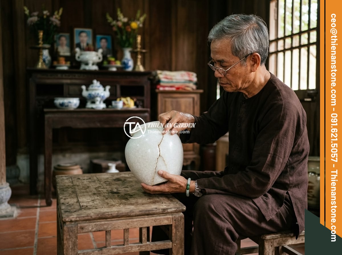 Nguyên nhân chum đá phong thủy bị nứt rạn và cách xử lý chuyên nghiệp - A feng shui master examining a cracked stone jar in a traditional Vietnamese hom