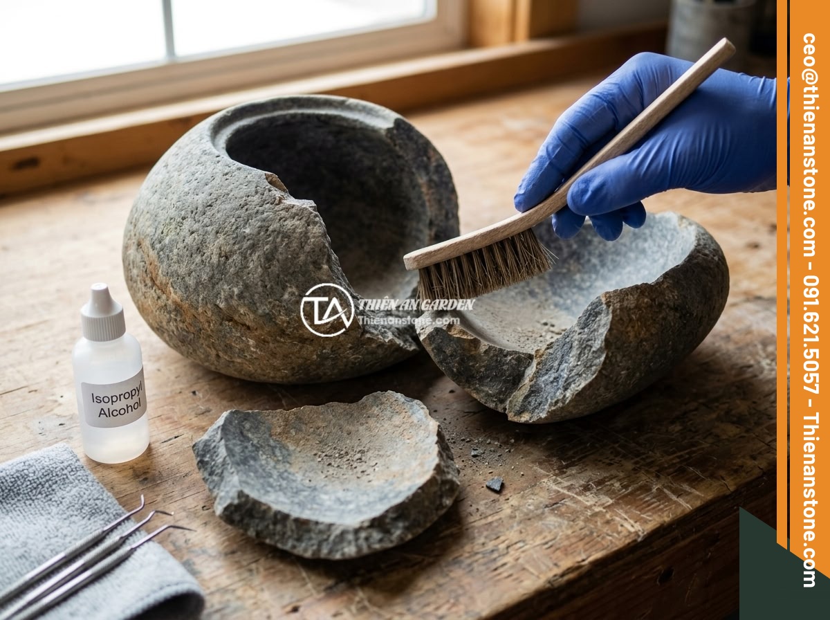 Nguyên nhân chum đá phong thủy bị nứt rạn và cách xử lý chuyên nghiệp - Step-by-step DIY repair process of a stone feng shui jar showing cleaning, epoxy