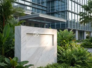 Những biển hiệu độc đáo bằng đá tự nhiên giúp thương hiệu nổi bật giữa đám đông - A luxurious natural stone signage made of polished granite standing in front of