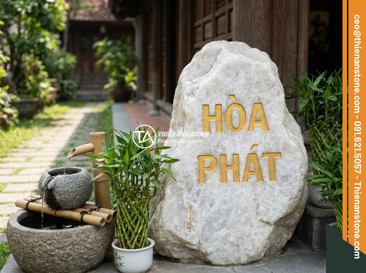 Những biển hiệu độc đáo bằng đá tự nhiên giúp thương hiệu nổi bật giữa đám đông - Hình 7 Những biển hiệu độc đáo bằng đá tự nhiên giúp thương hiệu nổi bật giữa đám đông - A feng shui-inspired natural stone signage at the entrance of a Vietnamese busin