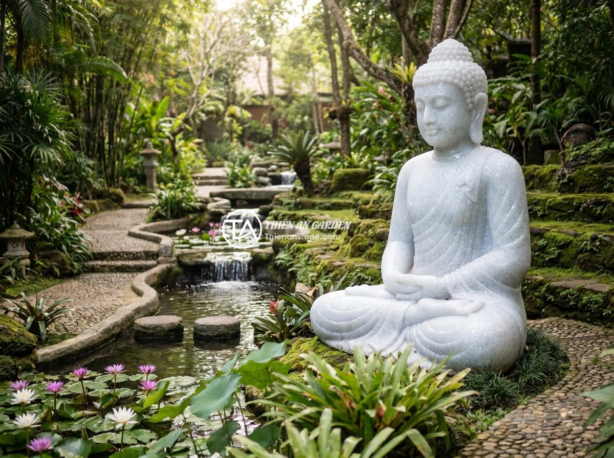 Những Câu Chuyện Thực Tế Về Tác Động Phong Thủy Của Tiểu Cảnh Tượng Phật - A large meditation garden at a Vietnamese Buddhist temple with an impressive nat