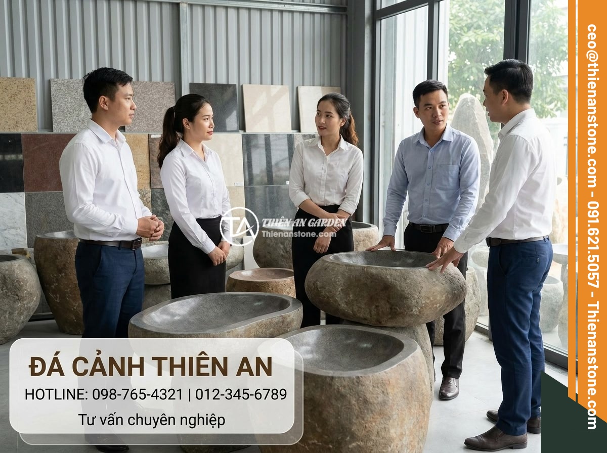 Những câu hỏi thường gặp về đôn đá tự nhiên (FAQ) và câu trả lời chi tiết - Đá Cảnh Thiên An company logo and team photo with showroom background displaying