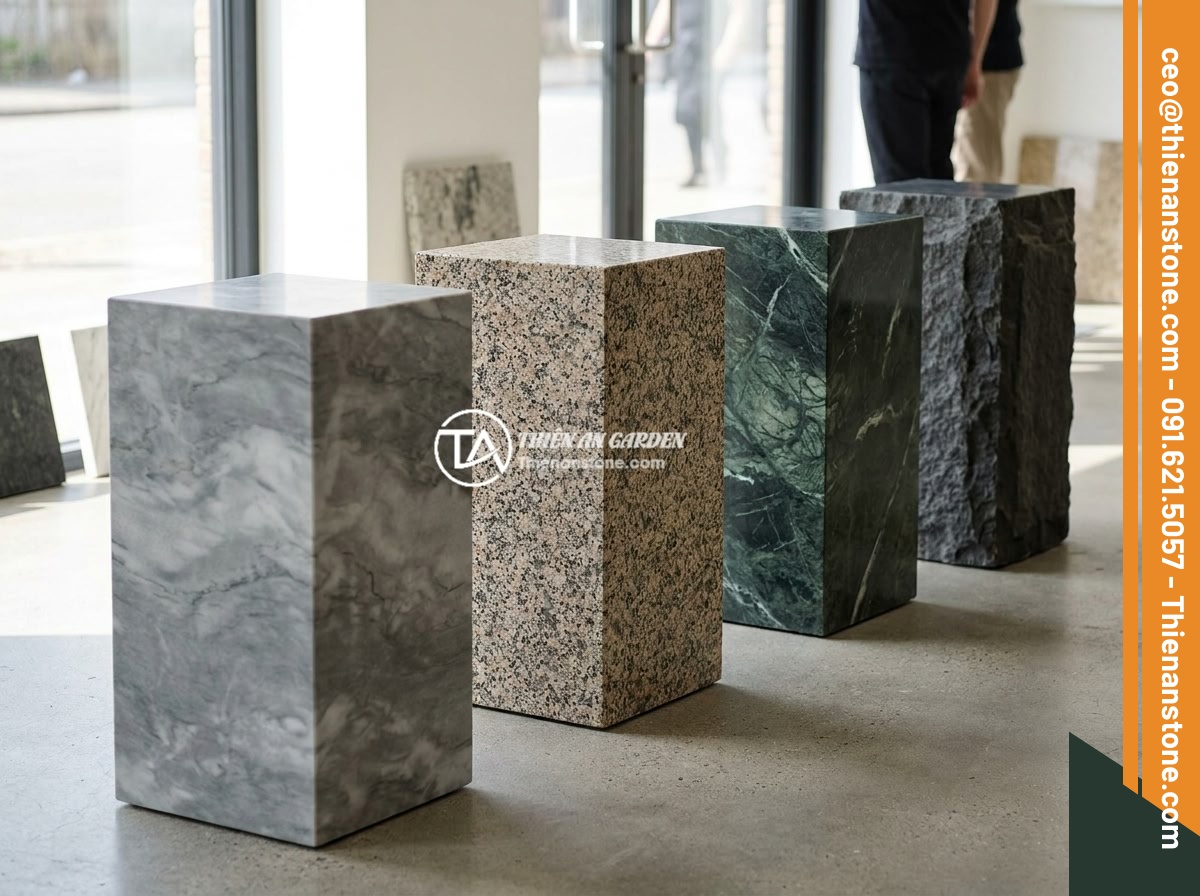 Những câu hỏi thường gặp về đôn đá tự nhiên (FAQ) và câu trả lời chi tiết - Different types of natural stone pedestals displayed side by side including marb