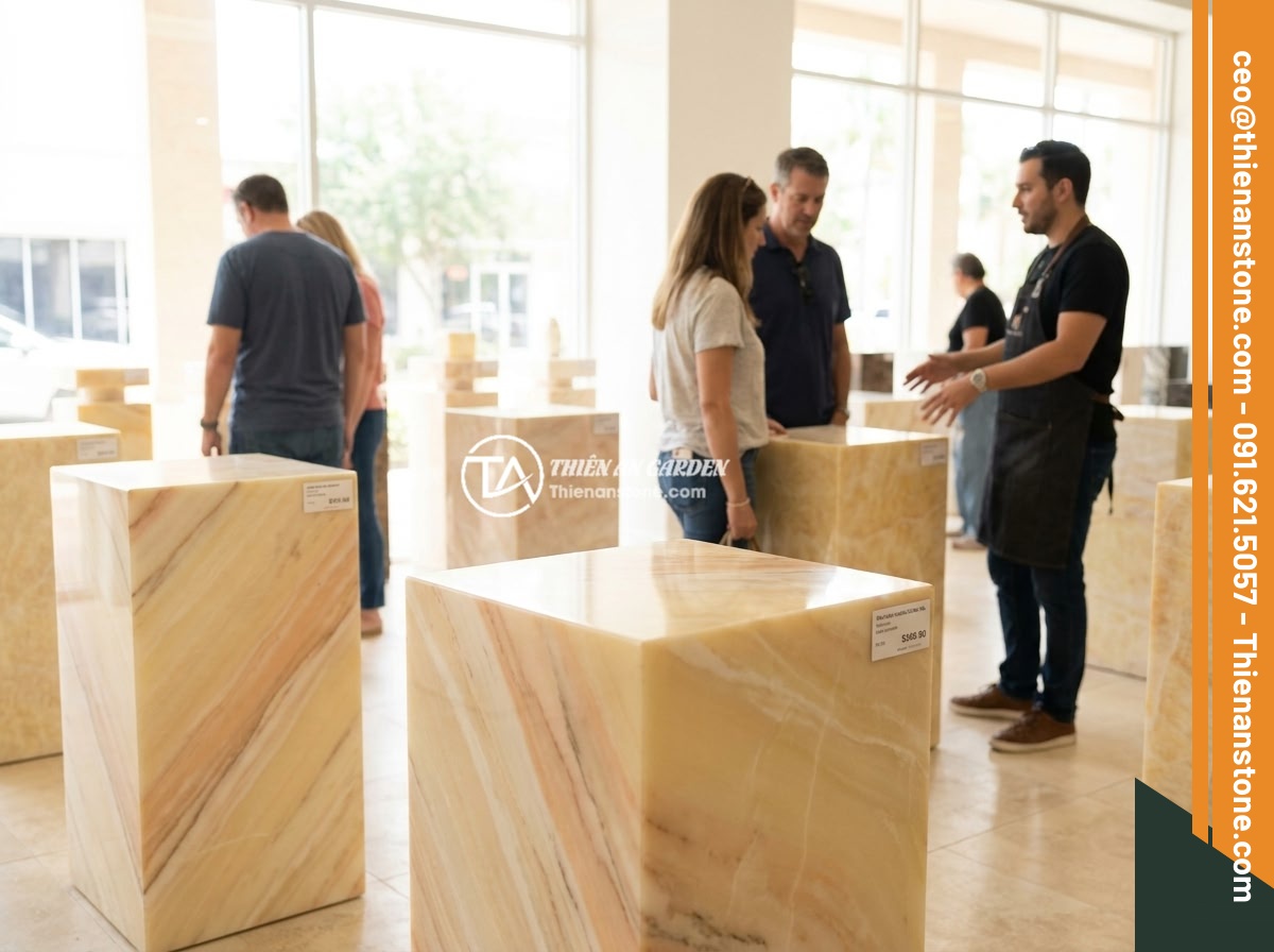 Những câu hỏi thường gặp về đôn đá tự nhiên (FAQ) và câu trả lời chi tiết - A professional stone showroom displaying premium natural stone pedestals with pr