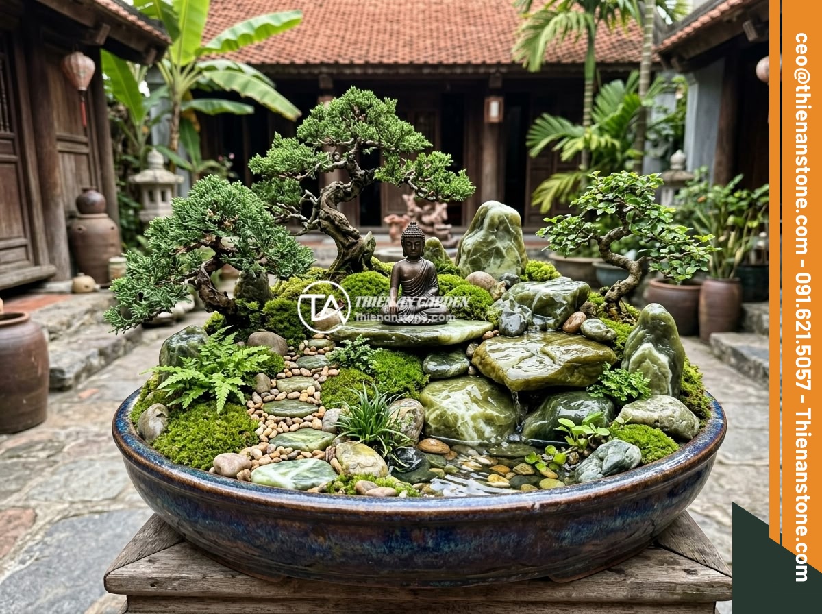 Những Lỗi Thường Gặp Khi Trang Trí Tiểu Cảnh Tượng Phật Và Cách Khắc Phục - A beautifully arranged Buddha statue miniature landscape garden with natural sto