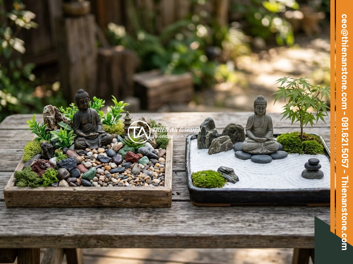 Những Lỗi Thường Gặp Khi Trang Trí Tiểu Cảnh Tượng Phật Và Cách Khắc Phục - Two miniature Buddha landscape designs side by side - one showing inconsistent m