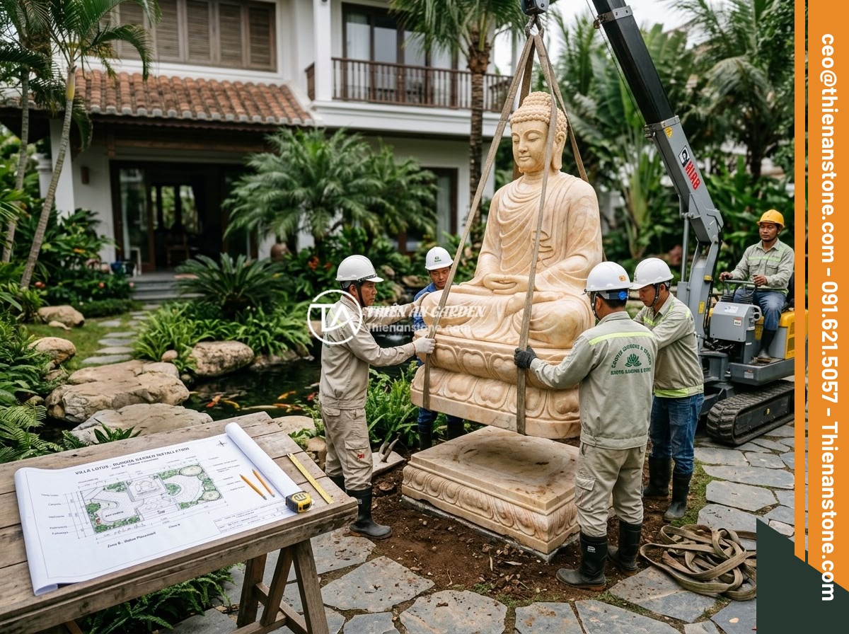 Những Lỗi Thường Gặp Khi Trang Trí Tiểu Cảnh Tượng Phật Và Cách Khắc Phục - Professional landscaping team installing a large natural stone Buddha statue in 