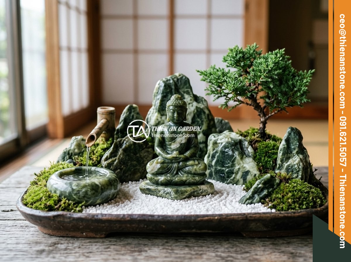 Những Lỗi Thường Gặp Khi Trang Trí Tiểu Cảnh Tượng Phật Và Cách Khắc Phục - A minimalist Buddha statue miniature landscape with carefully arranged natural r