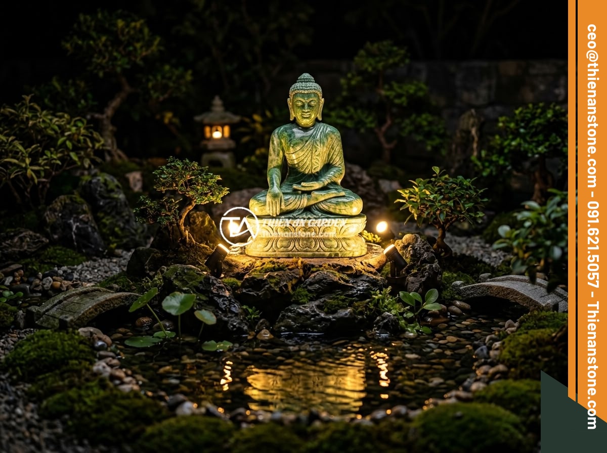 Những Lỗi Thường Gặp Khi Trang Trí Tiểu Cảnh Tượng Phật Và Cách Khắc Phục - A stunning nighttime view of a Buddha statue miniature landscape illuminated wit
