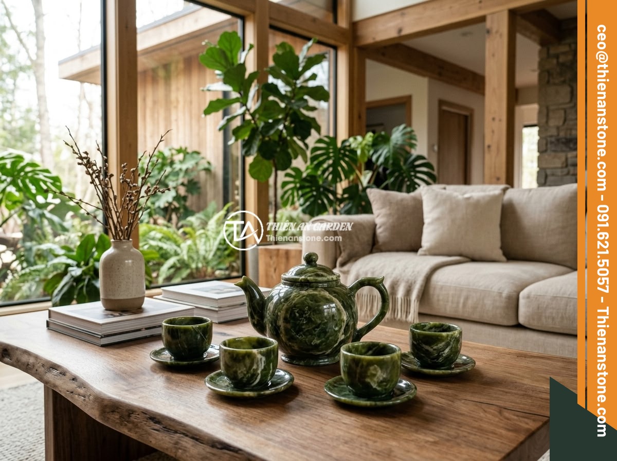 Quà tặng cao cấp 2026: Tại sao bộ ấm chén đá quý lại được lựa chọn nhiều - An elegant stone tea set displayed as a centerpiece in a modern luxury living ro