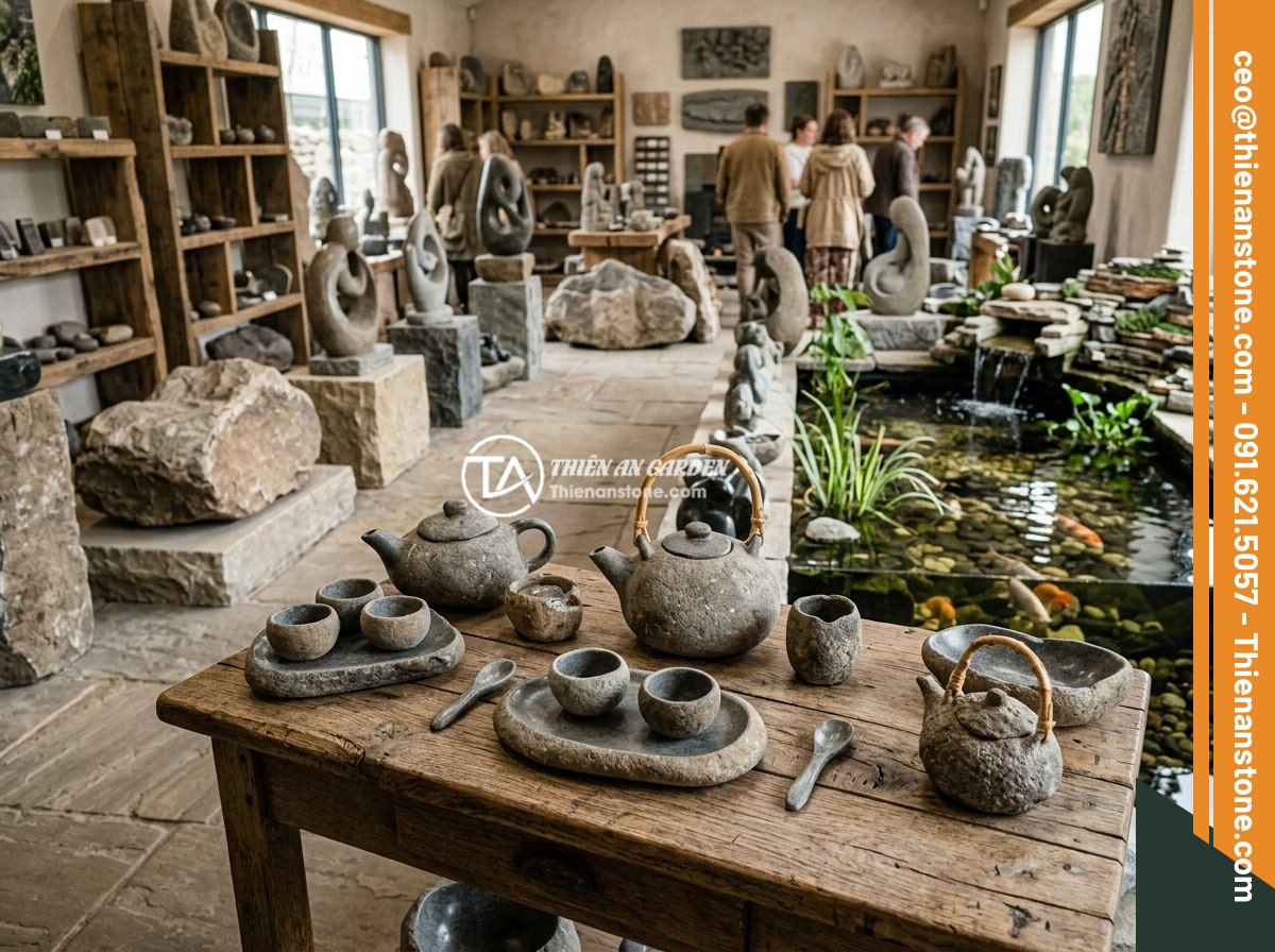 Quà tặng cao cấp 2026: Tại sao bộ ấm chén đá quý lại được lựa chọn nhiều - The showroom of a premium natural stone art company displaying various stone tea