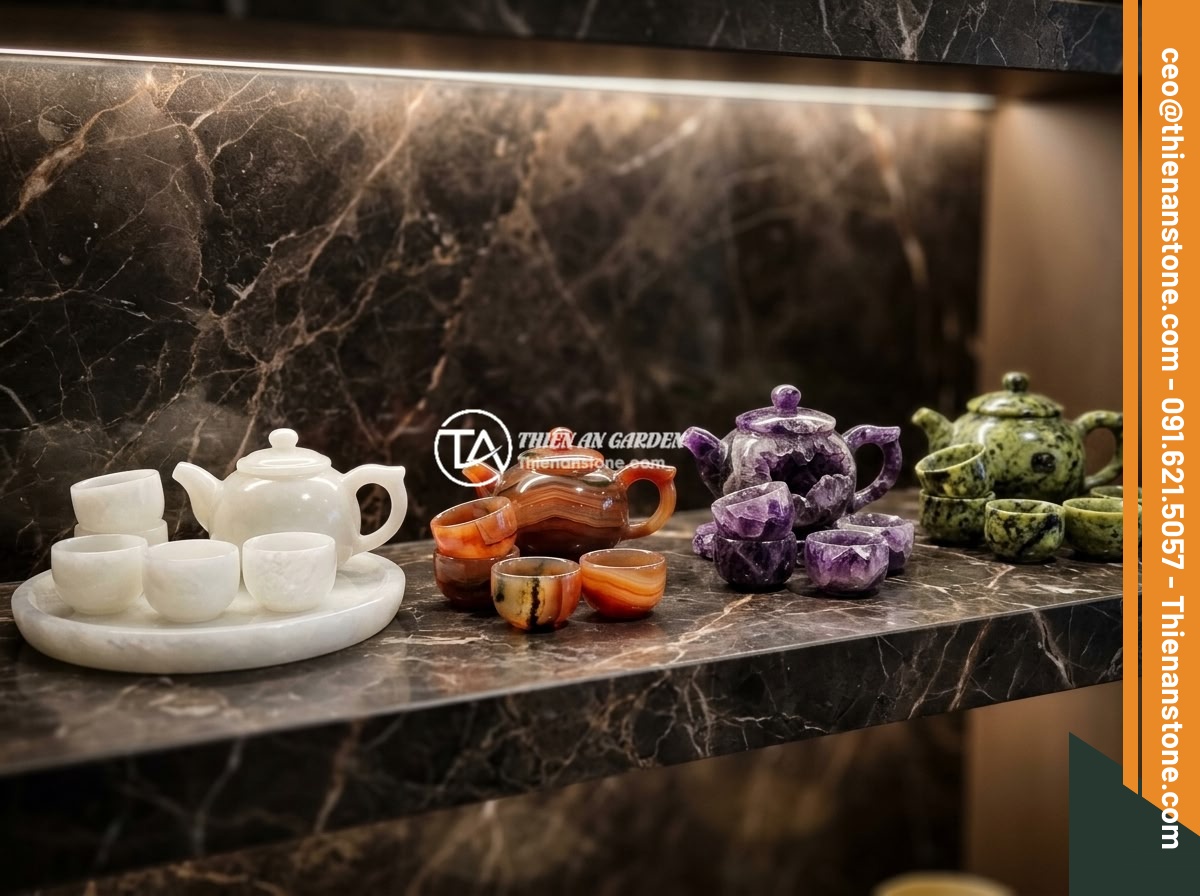 Quà tặng cao cấp 2026: Tại sao bộ ấm chén đá quý lại được lựa chọn nhiều - Collection of premium stone tea sets made from different types of natural gemsto