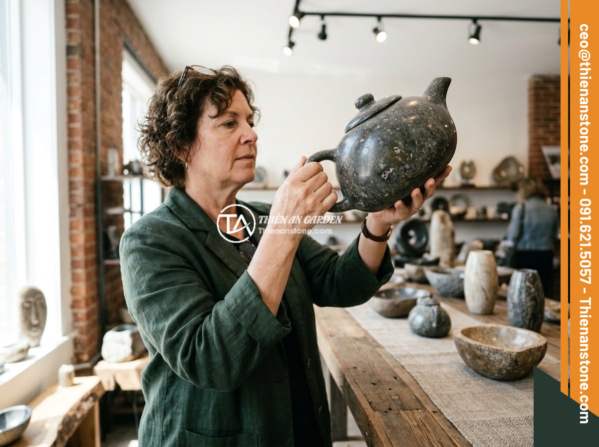 Quà tặng cao cấp 2026: Tại sao bộ ấm chén đá quý lại được lựa chọn nhiều - A customer carefully examining the translucency and craftsmanship quality of a n