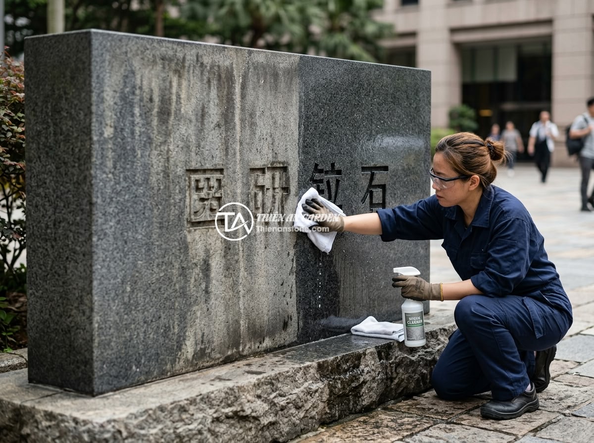 Quy trình làm bảng hiệu đá hoa cương cho chuỗi cửa hàng: Từ thiết kế đến lắp đặt - A maintenance worker cleaning a granite signboard surface with specialized stone