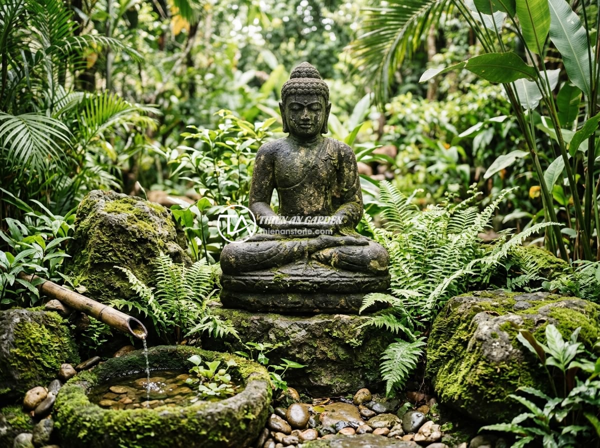 Review Thực Tế: Tượng Phật Tiểu Cảnh Đá Granite Vs Đá Cẩm Thạch - A beautifully aged granite Buddha statue in an outdoor tropical Vietnamese garde
