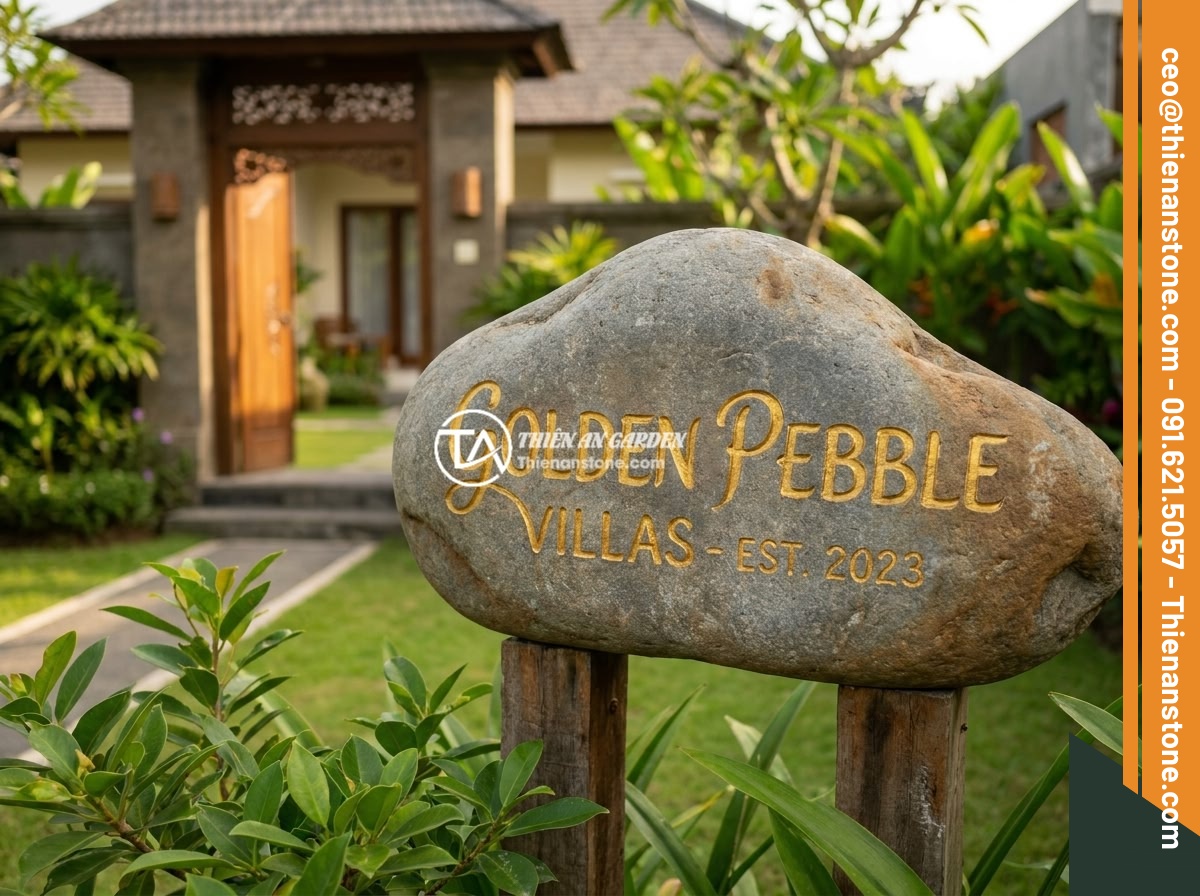 So sánh bảng hiệu đá tự nhiên và bảng hiệu inox: Nên chọn loại nào cho doanh nghiệp? - Premium natural stone signboard with company name beautifully carved and painted