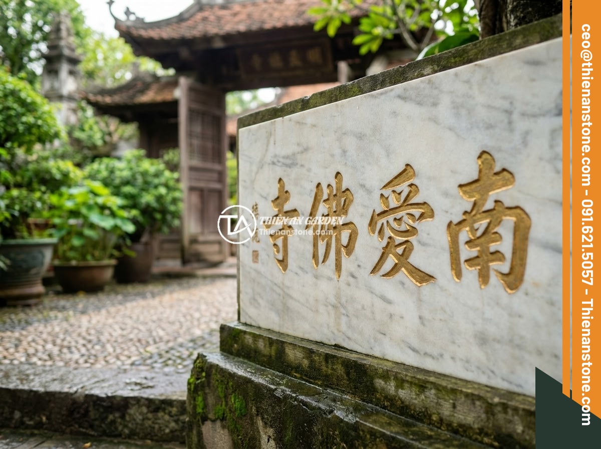 So sánh bảng hiệu đá tự nhiên và bảng hiệu inox: Nên chọn loại nào cho doanh nghiệp? - Natural stone signboard installed at the entrance of a Vietnamese Buddhist templ