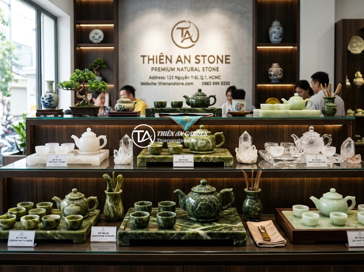 So sánh bộ ấm chén đá thạch anh và đá ngọc chi tiết: Loại nào tốt hơn? - Complete collection display of Thien An Stone premium natural stone tea sets inc