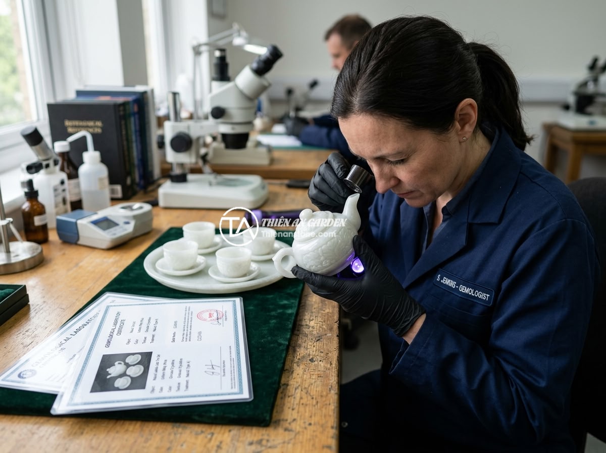So sánh bộ ấm chén đá thạch anh và đá ngọc chi tiết: Loại nào tốt hơn? - Gemological expert examining a jade tea set under magnification loupe and UV lig
