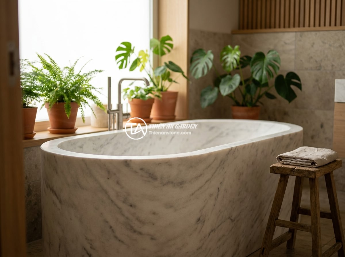 So Sánh Bồn Tắm Đá Tự Nhiên Và Đá Nhân Tạo: Nên Chọn Loại Nào? - A luxurious natural stone bathtub carved from a single block of white marble wit