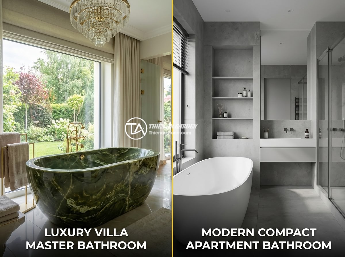 So Sánh Bồn Tắm Đá Tự Nhiên Và Đá Nhân Tạo: Nên Chọn Loại Nào? - A split-screen comparison of two beautiful bathrooms, one featuring a natural ma
