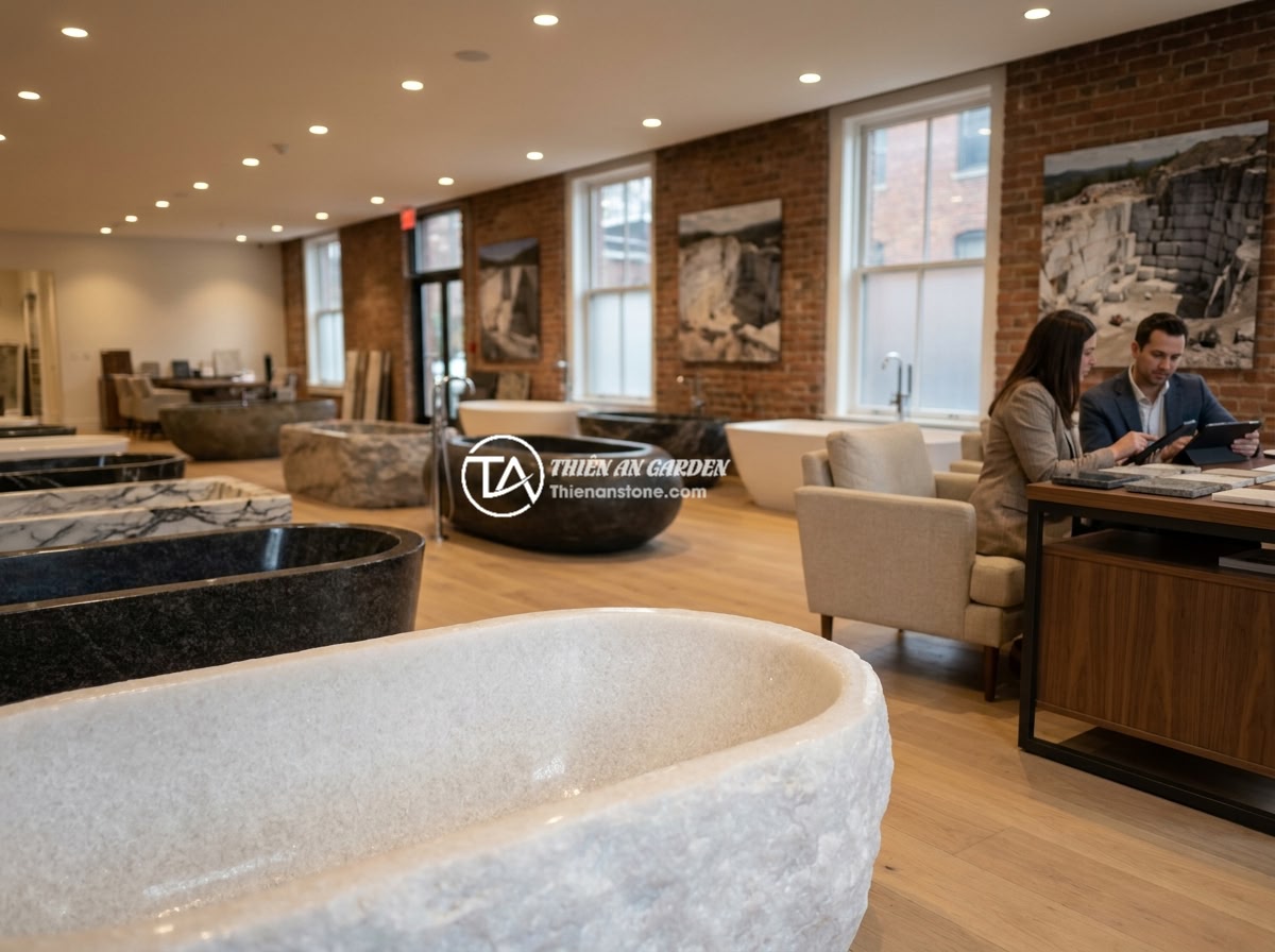 So Sánh Bồn Tắm Đá Tự Nhiên Và Đá Nhân Tạo: Nên Chọn Loại Nào? - The professional showroom of Thien An Stone company displaying various natural s
