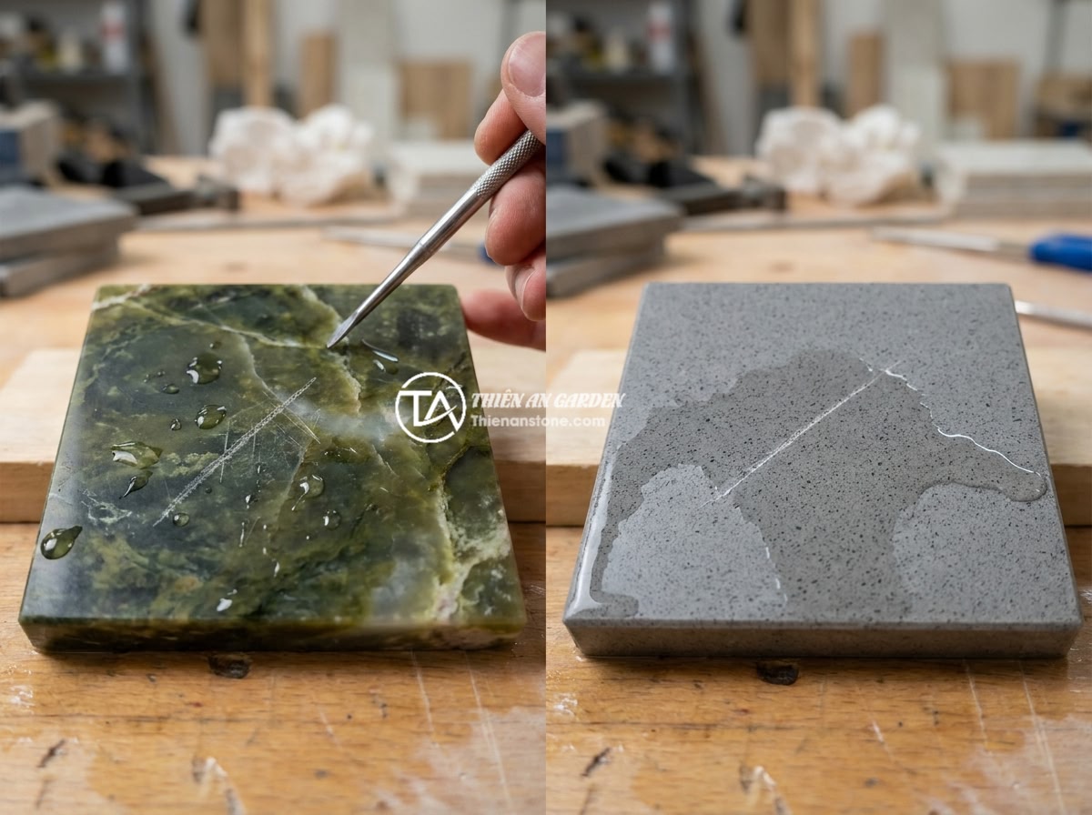So Sánh Bồn Tắm Đá Tự Nhiên Và Đá Nhân Tạo: Nên Chọn Loại Nào? - Side-by-side durability test comparison showing a natural granite bathtub surfac