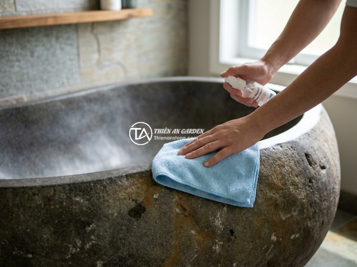 So Sánh Bồn Tắm Đá Tự Nhiên Và Đá Nhân Tạo: Nên Chọn Loại Nào? - A person gently cleaning a polished natural marble bathtub surface with a soft m