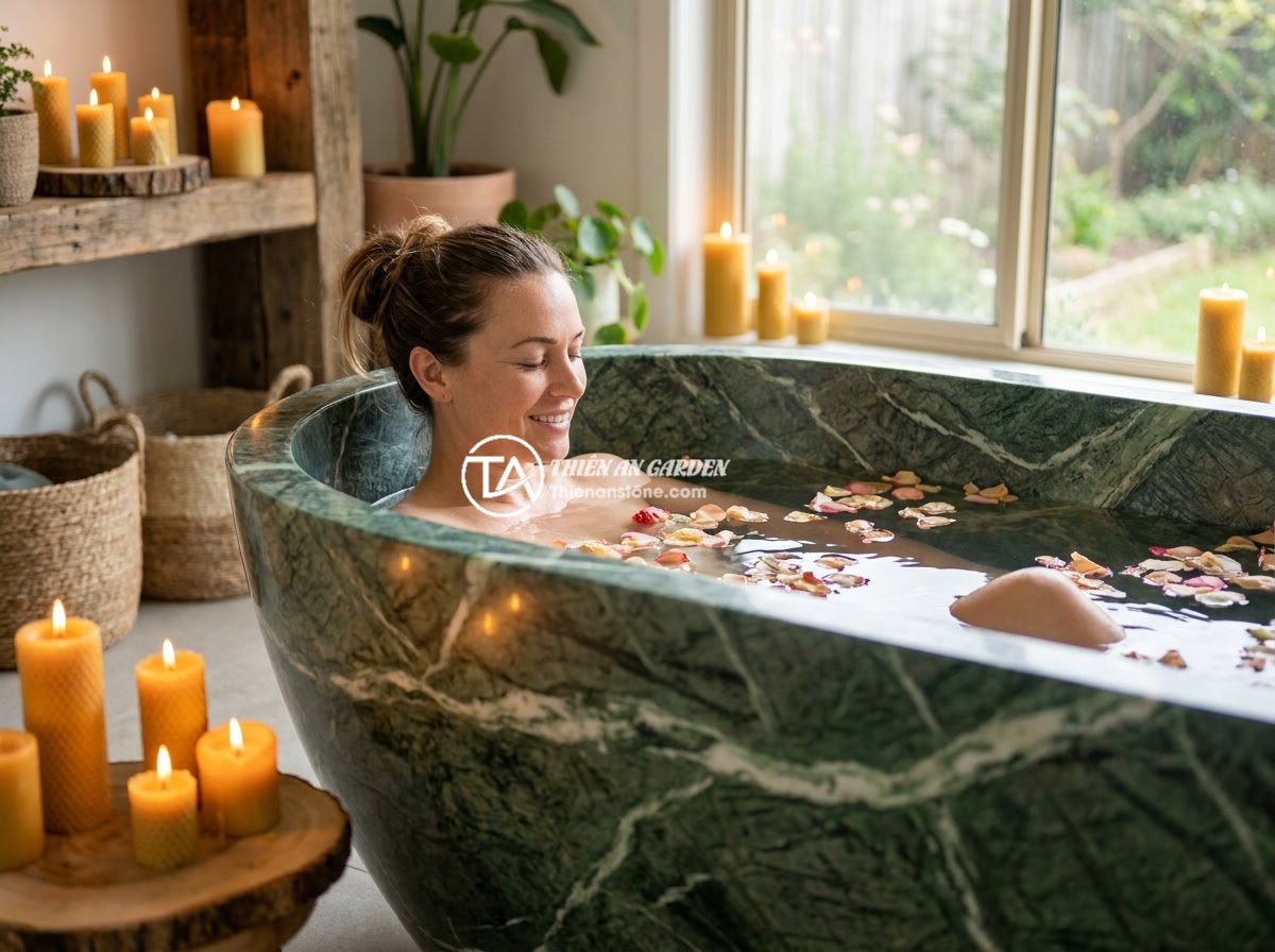 So Sánh Bồn Tắm Đá Tự Nhiên Và Đá Nhân Tạo: Nên Chọn Loại Nào? - A serene scene of a woman relaxing in a large oval natural stone bathtub filled 