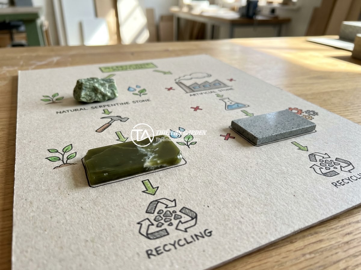 So Sánh Bồn Tắm Đá Tự Nhiên Và Đá Nhân Tạo: Nên Chọn Loại Nào? - An eco-friendly comparison diagram showing the lifecycle and environmental impac