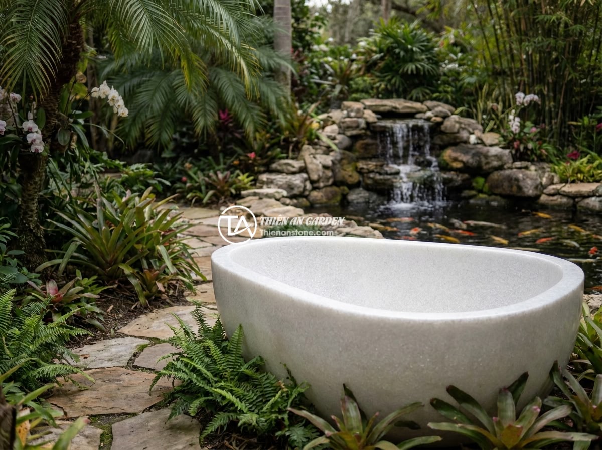 So Sánh Bồn Tắm Đá Tự Nhiên Và Đá Nhân Tạo: Nên Chọn Loại Nào? - An outdoor garden spa area featuring a large natural stone soaking tub surrounde