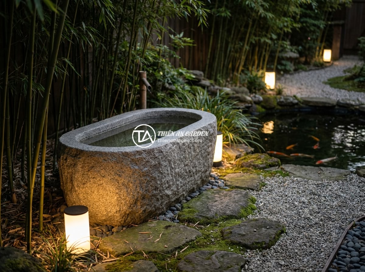 So Sánh Giá Bồn Tắm Đá Cẩm Thạch Và Đá Hoa Cương Năm 2026 - Outdoor natural granite bathtub surrounded by a lush Japanese-style zen garden w