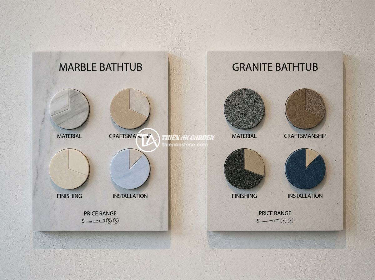 So Sánh Giá Bồn Tắm Đá Cẩm Thạch Và Đá Hoa Cương Năm 2026 - Detailed price comparison infographic between marble and granite bathtubs showin
