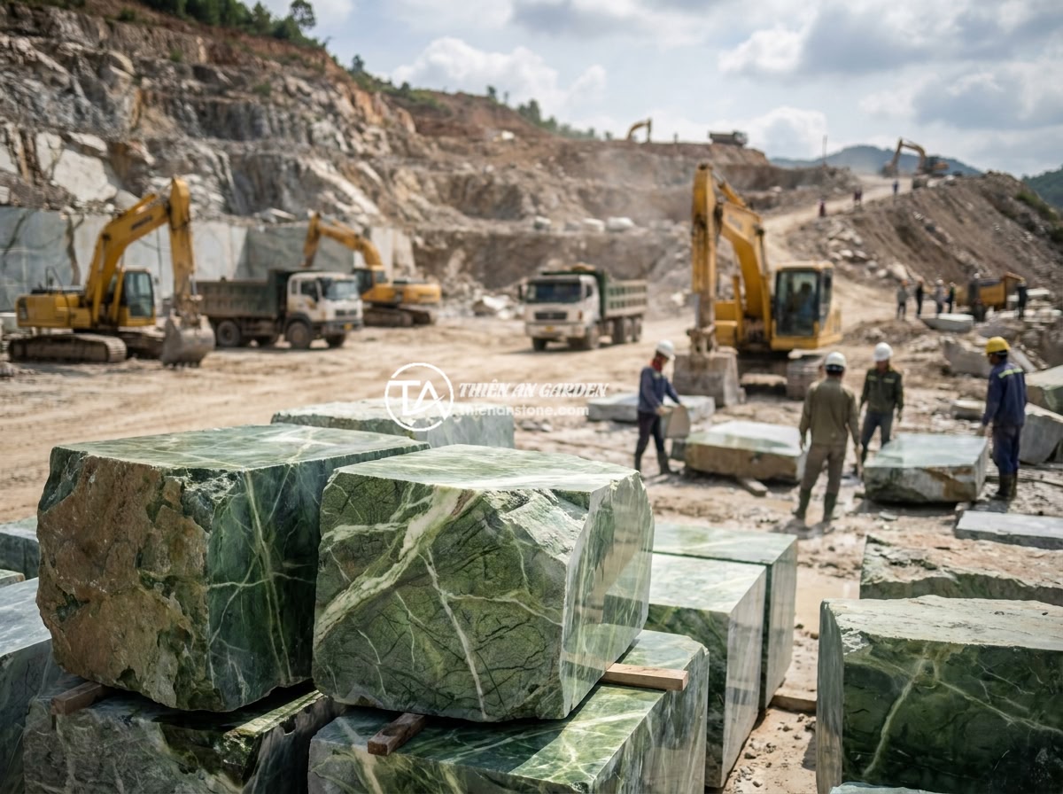 So Sánh Giá Bồn Tắm Đá Cẩm Thạch Và Đá Hoa Cương Năm 2026 - Natural stone quarry in Vietnam showing raw marble and granite blocks being extr