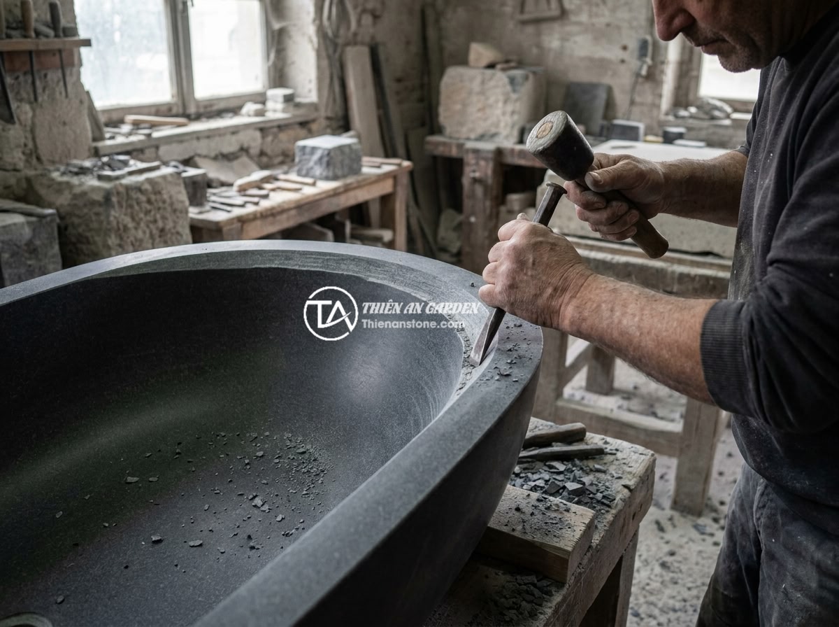So Sánh Giá Bồn Tắm Đá Cẩm Thạch Và Đá Hoa Cương Năm 2026 - Master stone craftsman hand-carving the interior of a natural stone bathtub in a