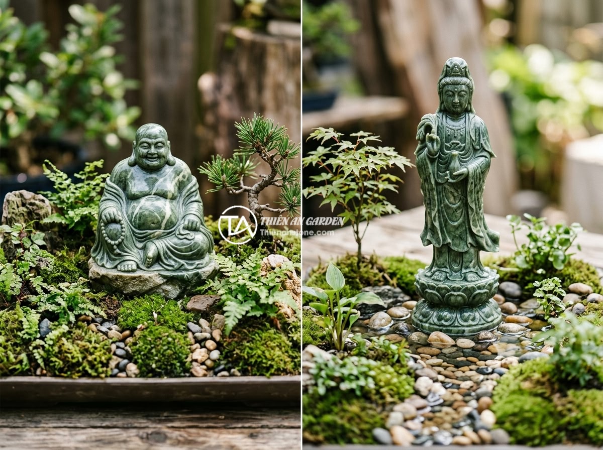 So Sánh Tượng Phật Di Lặc Và Quan Âm Cho Tiểu Cảnh: Nên Chọn Loại Nào? - Hình 4 So Sánh Tượng Phật Di Lặc Và Quan Âm Cho Tiểu Cảnh: Nên Chọn Loại Nào? - Side by side comparison of natural stone Maitreya Buddha statue and Quan Yin sta