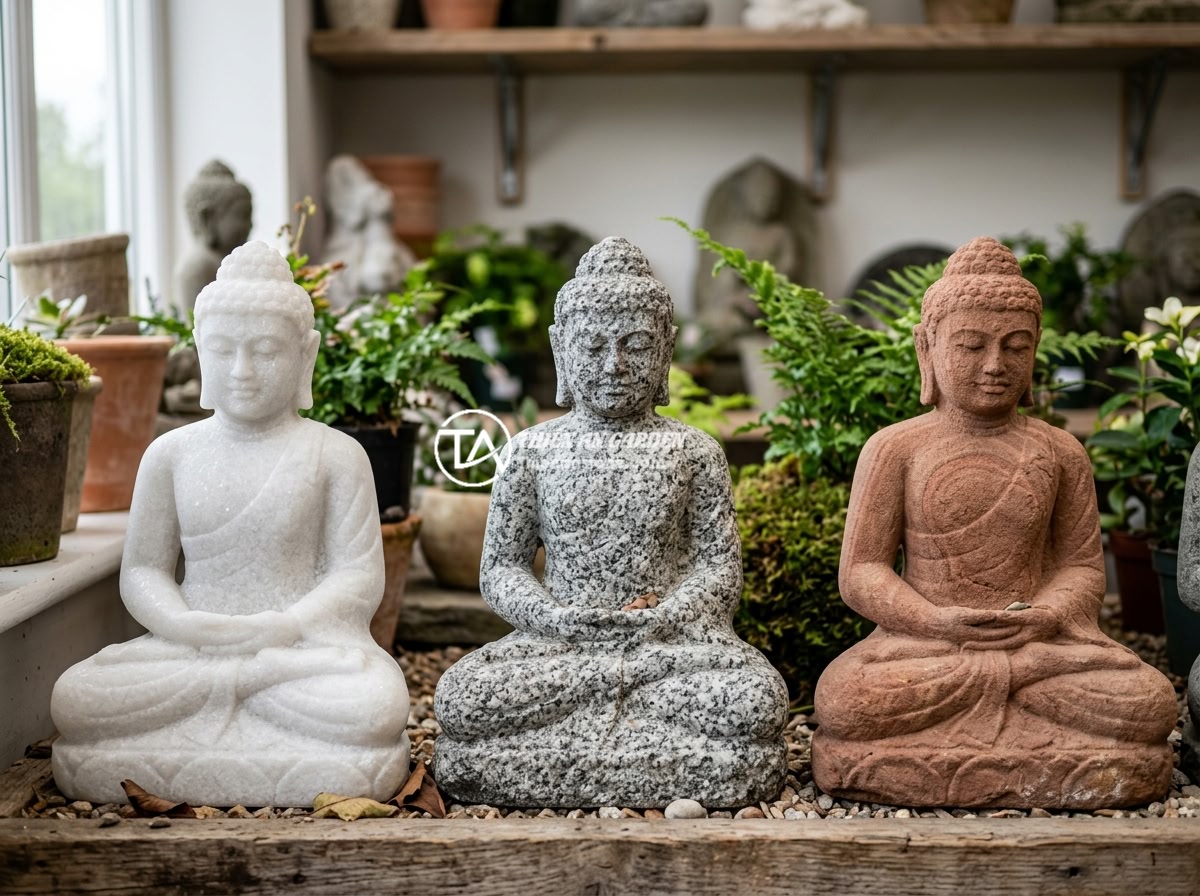 So Sánh Tượng Phật Di Lặc Và Quan Âm Cho Tiểu Cảnh: Nên Chọn Loại Nào? - Hình 6 So Sánh Tượng Phật Di Lặc Và Quan Âm Cho Tiểu Cảnh: Nên Chọn Loại Nào? - Close-up of three different natural stone Buddha statues showing marble, granite