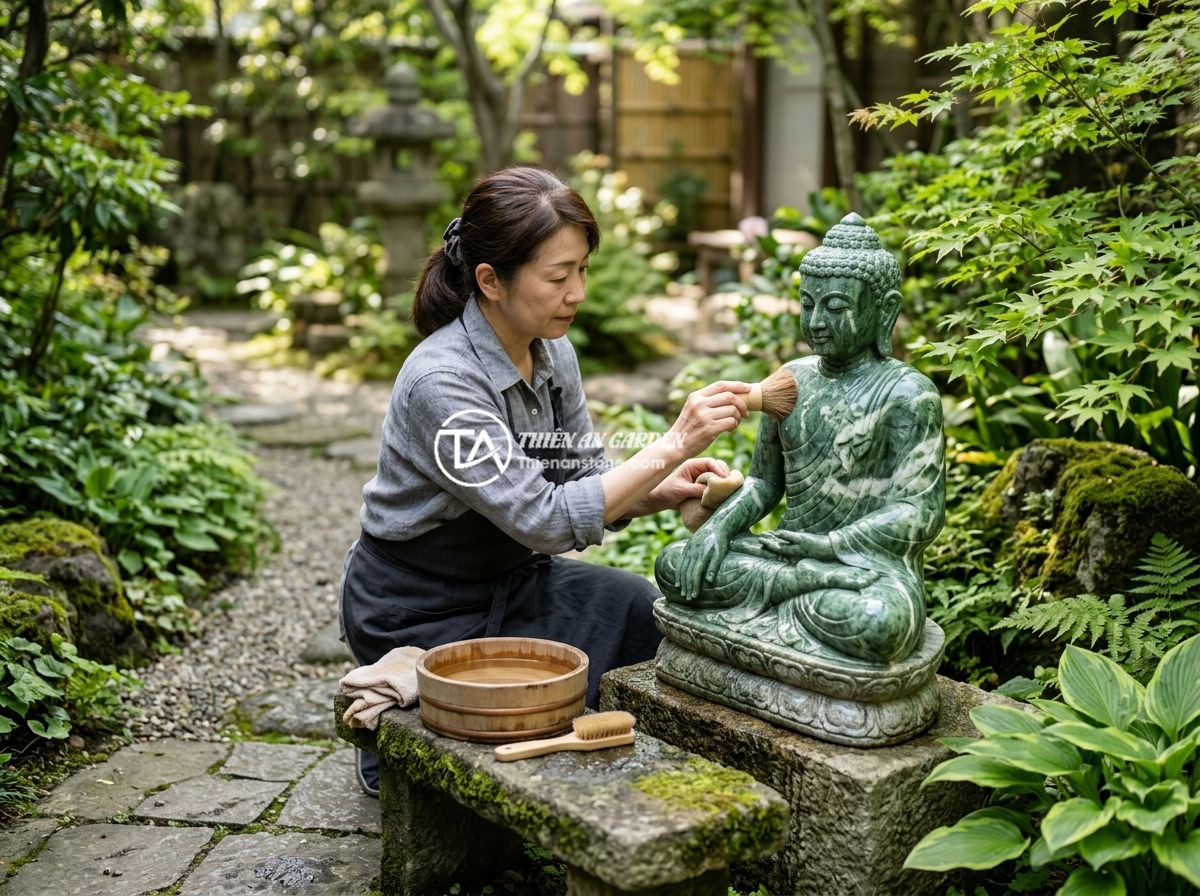So Sánh Tượng Phật Di Lặc Và Quan Âm Cho Tiểu Cảnh: Nên Chọn Loại Nào? - Hình 8 So Sánh Tượng Phật Di Lặc Và Quan Âm Cho Tiểu Cảnh: Nên Chọn Loại Nào? - Person carefully cleaning a natural stone Buddha statue in a garden using soft b