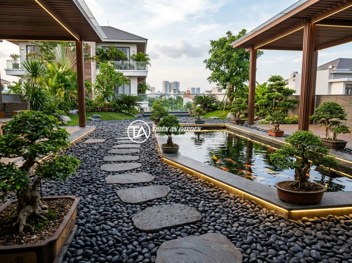 Sỏi Trang Trí Sân Thượng: Biến Không Gian Trống Thành Vườn Thư Giãn - Hình 13 Sỏi Trang Trí Sân Thượng: Biến Không Gian Trống Thành Vườn Thư Giãn - Completed stunning rooftop garden project by professional landscaping company, f