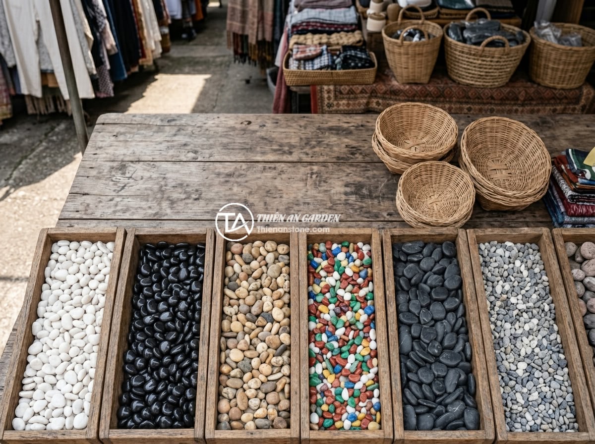 Sỏi Trang Trí Sân Thượng: Biến Không Gian Trống Thành Vườn Thư Giãn - Hình 2 Sỏi Trang Trí Sân Thượng: Biến Không Gian Trống Thành Vườn Thư Giãn - Various types of decorative pebbles arranged in wooden boxes, including white ri