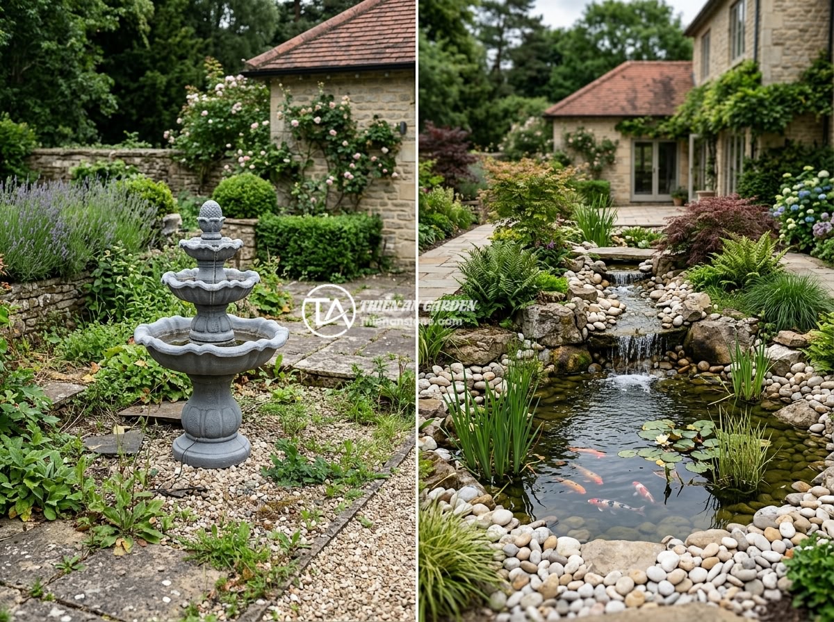 Sự thật về tiểu cảnh nước chảy bằng nhựa composite: Có nên mua không? - Hình 8 Sự thật về tiểu cảnh nước chảy bằng nhựa composite: Có nên mua không? - A beautiful villa garden transformation showing before and after photos: the lef