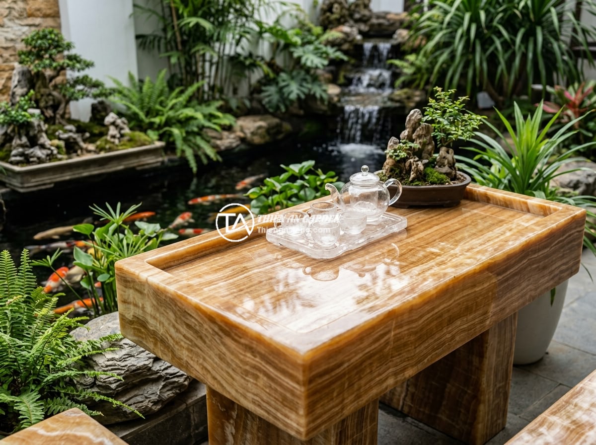 Tác dụng phong thủy của bộ ấm chén đá thạch anh đối với không gian sống - Hình 10 Tác dụng phong thủy của bộ ấm chén đá thạch anh đối với không gian sống - A luxurious outdoor tea space in a Vietnamese villa garden with a quartz crystal