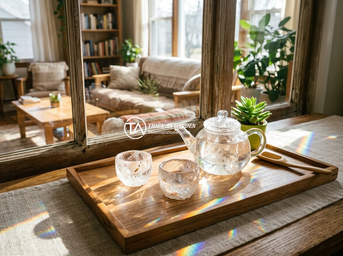 Tác dụng phong thủy của bộ ấm chén đá thạch anh đối với không gian sống - Hình 2 Tác dụng phong thủy của bộ ấm chén đá thạch anh đối với không gian sống - A transparent quartz stone tea set placed near a window in a bright living room,