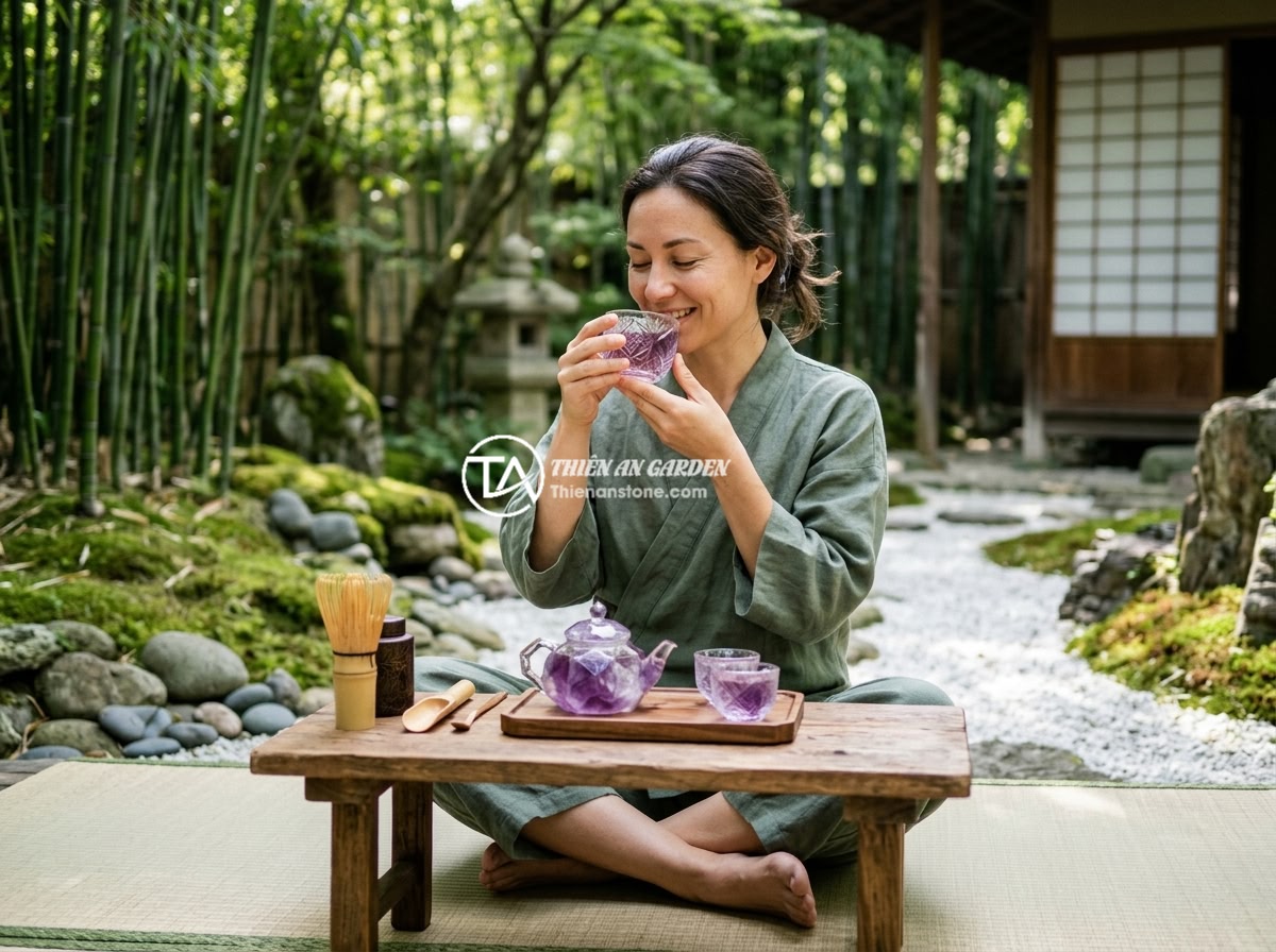 Tác dụng phong thủy của bộ ấm chén đá thạch anh đối với không gian sống - Hình 4 Tác dụng phong thủy của bộ ấm chén đá thạch anh đối với không gian sống - A person peacefully enjoying tea from a beautiful amethyst quartz tea set in a z