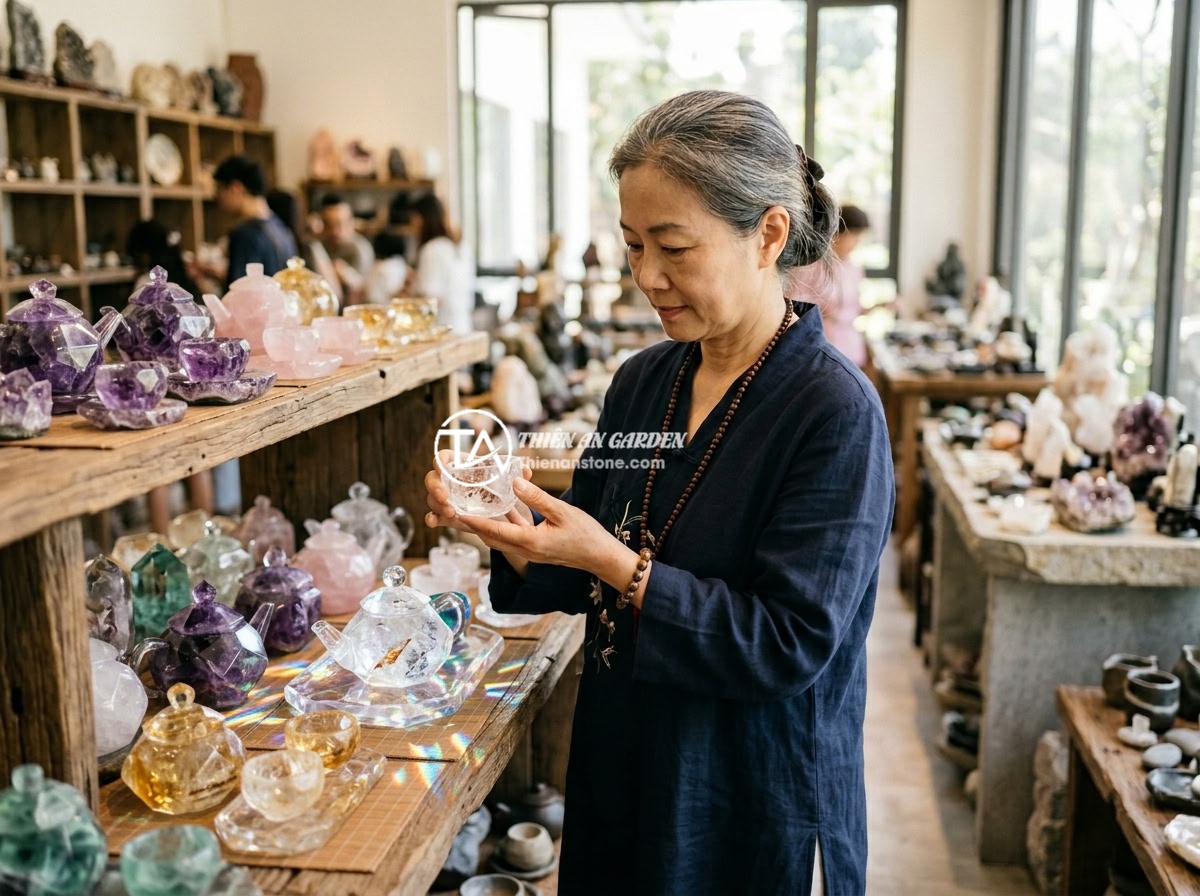 Tác dụng phong thủy của bộ ấm chén đá thạch anh đối với không gian sống - Hình 5 Tác dụng phong thủy của bộ ấm chén đá thạch anh đối với không gian sống - A feng shui master examining and selecting a quartz stone tea set at a natural s